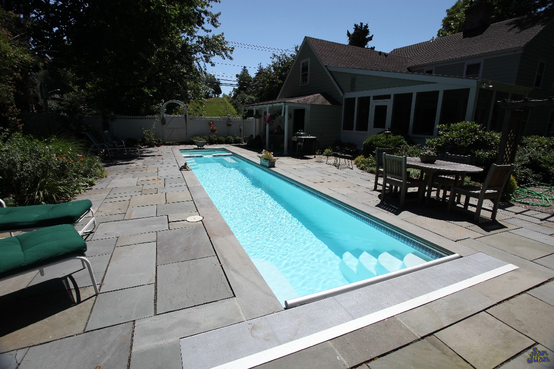 The Marathon is a gorgeous combination of elegance, luxury, design and functionality. It is the only fiberglass swimming pool on the market that bolsters a 40' swim lane and pairs perfectly with water features, such as the deck jets shown above. We've also got the LED Lighting and Handrails that would pair perfectly with the shape of this pool to create some really cool accentuated design features!